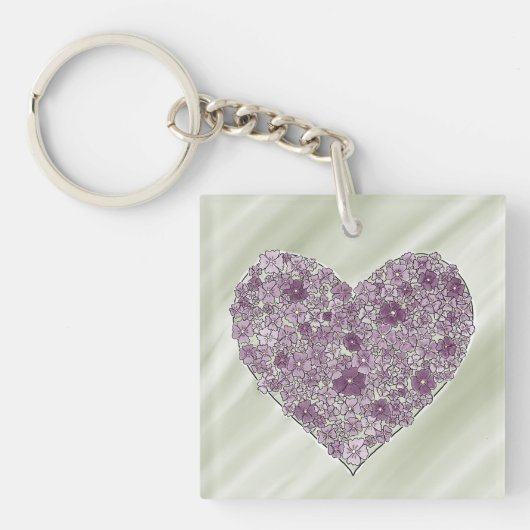 Purple flowered heart round keychain (voorkant)