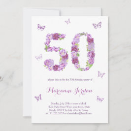 Purple Flowers and Butterflies 50th Birthday Party Kaart