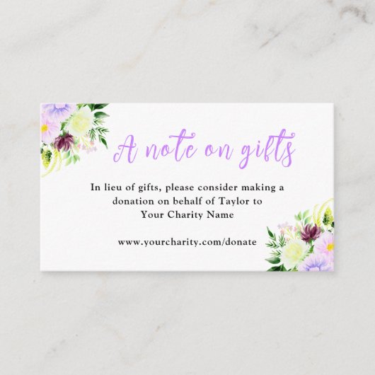 Purple Flowers and Foliage Birthday A Note On Gift Informatiekaartje (Voorkant)