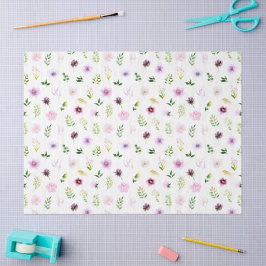 Purple Flowers and Foliage Pattern Tissuepapier (Craft)