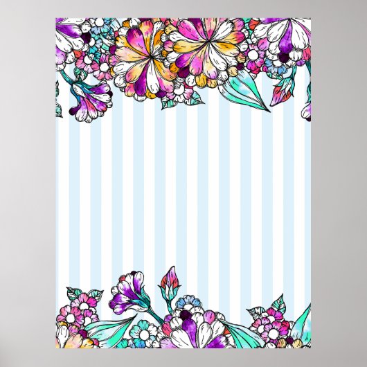 Purple flowers and light blue stripes poster (Voorkant)