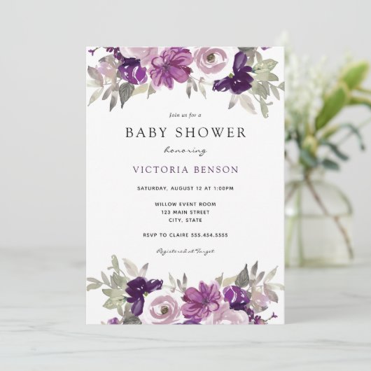 Purple Flowers Baby shower uitnodiging (Staand voorkant)