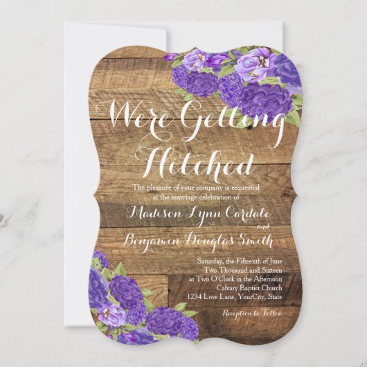 Purple Flowers Barn Wood MAP Weddenschap Invite Kaart (Voorkant)