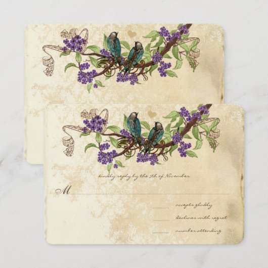 Purple Flowers Blauwgroen  Vogels Bruiloft RSVP Kaart (Voorkant / Achterkant)
