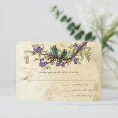 Purple Flowers Blauwgroen  Vogels Bruiloft RSVP Kaart (Staand voorkant)