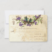 Purple Flowers Blauwgroen  Vogels Bruiloft RSVP Kaart (Voorkant)