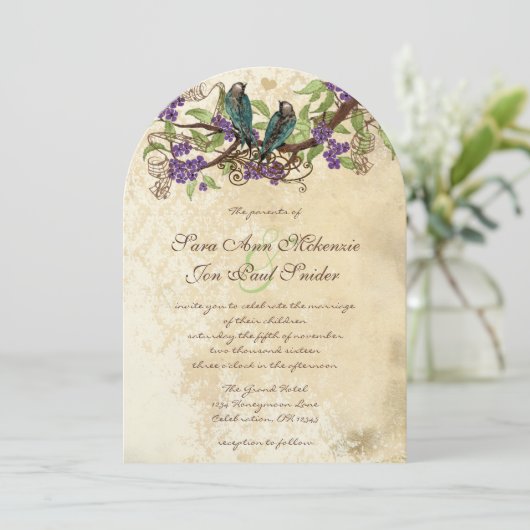 Purple Flowers Blauwgroen Vogels Wedding Invite Kaart (Staand voorkant)