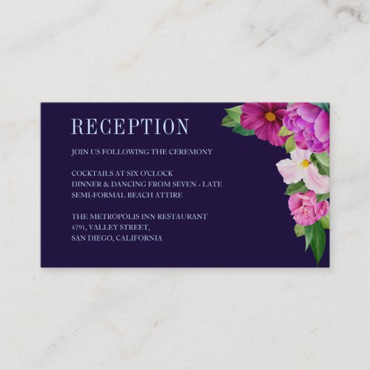 Purple Flowers Bouquet Blue Wedding Reception Informatiekaartje (Voorkant)