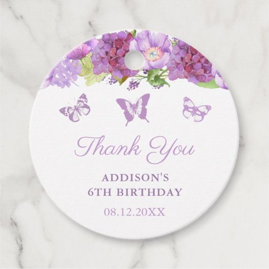 Purple Flowers Butterfly Birthday Party Favor Bedankjes Labels (Voorkant)