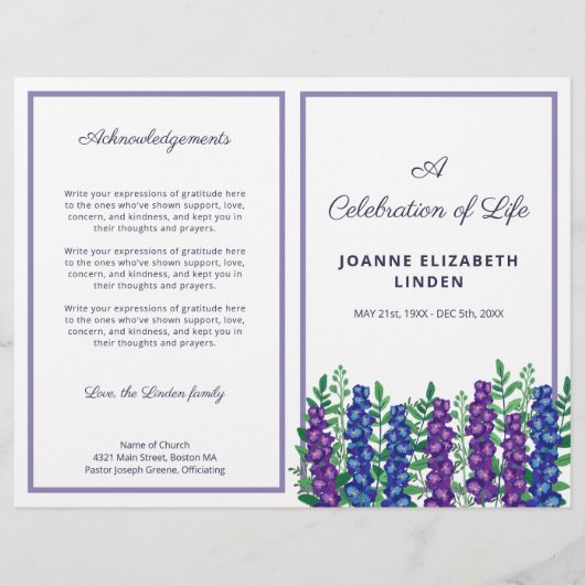 Purple Flowers Celebration of Life Funeral Program (Voorkant)