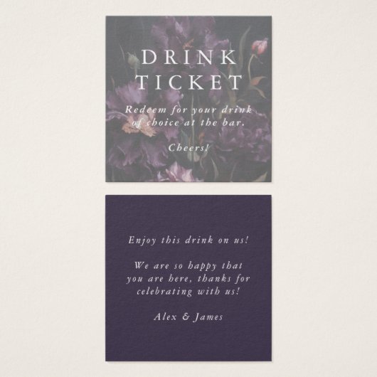 Purple Flowers Drink Ticket Wedding Bar Token Vierkante Visitekaartjes (Voorkant /achterkant)