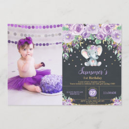 Purple Flowers Elephant 1st Birthday Girl Foto Kaart