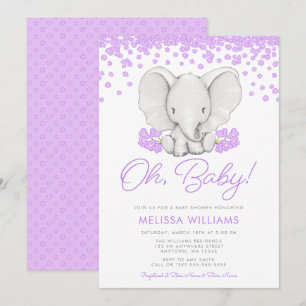 Purple Flowers Elephant Girl Baby shower Kaart