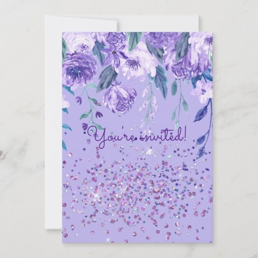 Purple Flowers en Glitter Party Invitation Kaart (Voorkant)