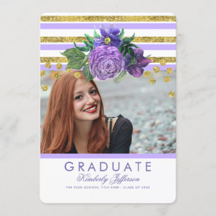 Purple Flowers en Gold Stripes Elegant Afstuderen Kaart