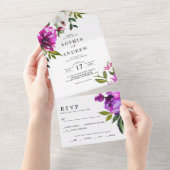 Purple Flowers en Greenery Leaves Wedding All In One Uitnodiging (Afscheurbaar)
