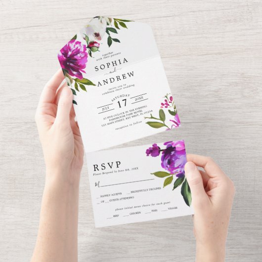 Purple Flowers en Greenery Leaves Wedding All In One Uitnodiging (Afscheurbaar)