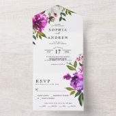 Purple Flowers en Greenery Leaves Wedding All In One Uitnodiging (Binnen)