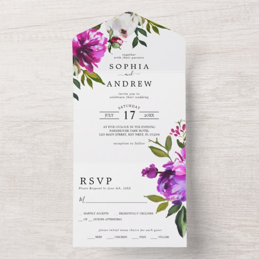 Purple Flowers en Greenery Leaves Wedding All In One Uitnodiging (Binnen)