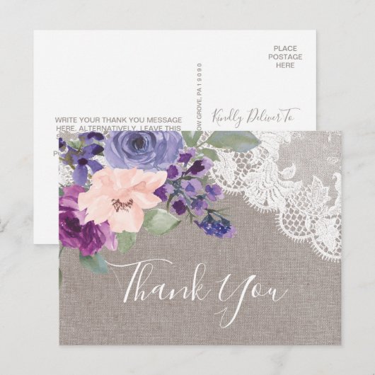 Purple Flowers en Lace Hartelijk dank Briefkaart (Voorkant / Achterkant)