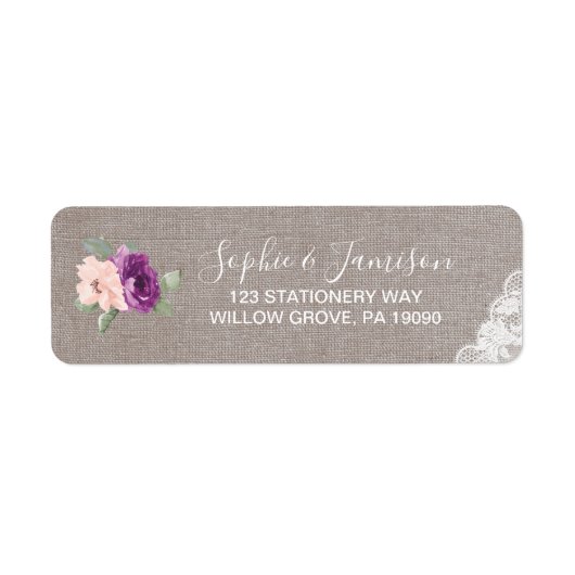 Purple Flowers en Lace Wedding Etiket (Voorkant)