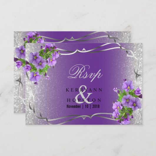 Purple Flowers en Silver Glitter - Rsvp (Voorkant / Achterkant)