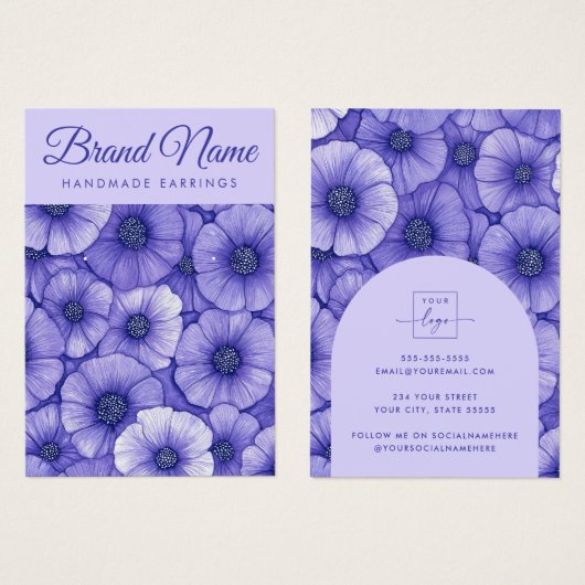 Purple flowers floral pattern earring display card visitekaartje (Voorkant /achterkant)