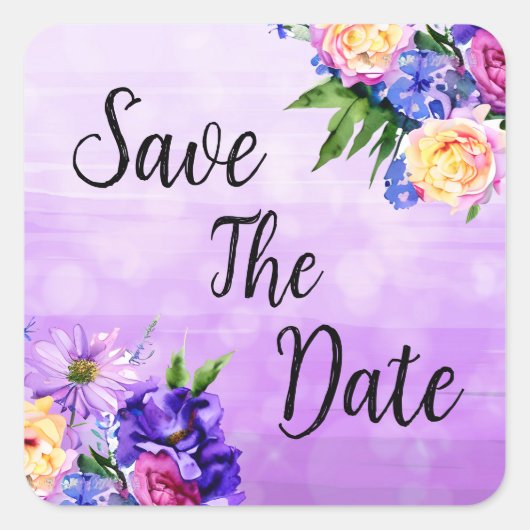  Purple Flowers Floral Wedding Save the Date Vierkante Sticker (Voorkant)