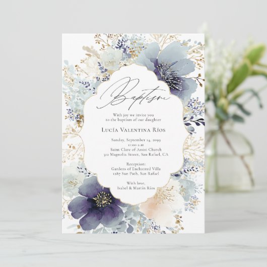 Purple Flowers Frame Elegant Floral Baptism Kaart (Staand voorkant)