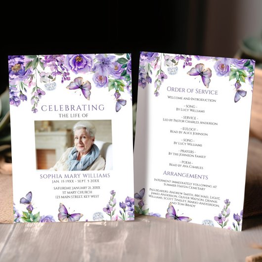Purple Flowers Funeral Order of Service Programmakaart