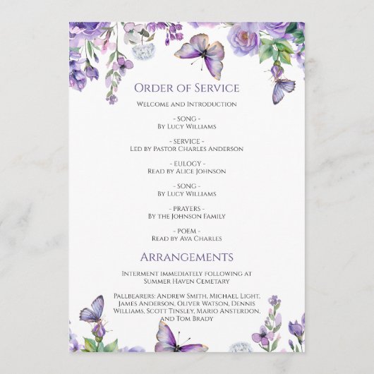 Purple Flowers Funeral Order of Service Programmakaart (Achterkant)