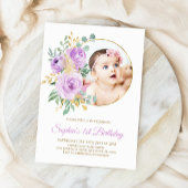 Purple Flowers & Gold Baby's First Birthday Kaart