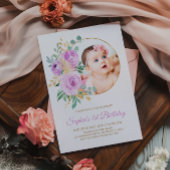Purple Flowers & Gold Baby's First Birthday Kaart