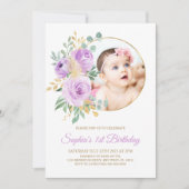 Purple Flowers & Gold Baby's First Birthday Kaart (Voorkant)