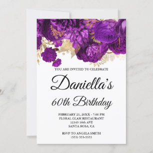 Purple Flowers Gold Foil Glam 60th Birthday Kaart