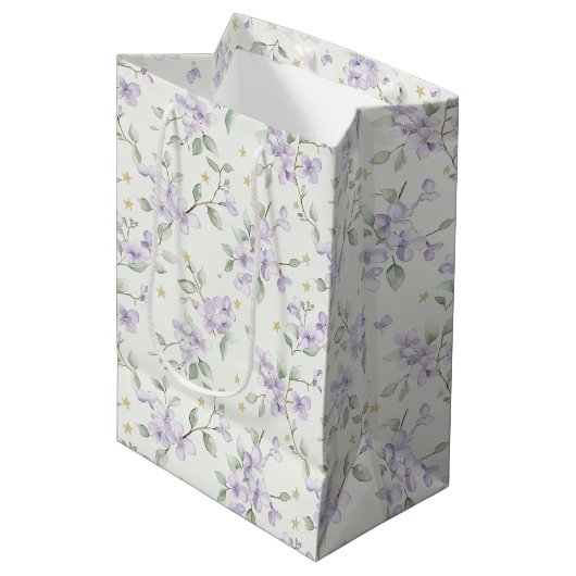 Purple Flowers Gold Stars Moons Baby Shower Medium Cadeauzakje (Voorkant Gekanteld)