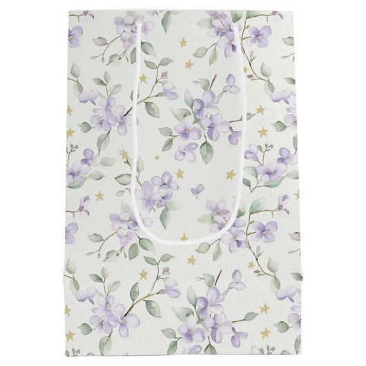 Purple Flowers Gold Stars Moons Baby Shower Medium Cadeauzakje (Achterkant)