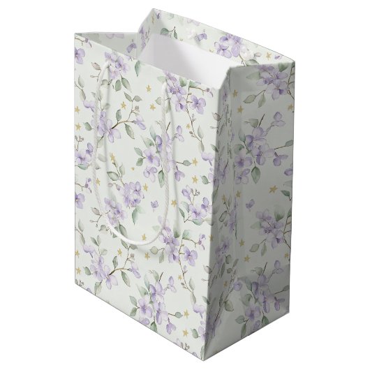 Purple Flowers Gold Stars Moons Baby Shower Medium Cadeauzakje (Achterkant Gekanteld)