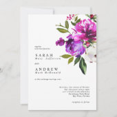 Purple Flowers & Greenery Leaves Modern Wedding Kaart (Voorkant)