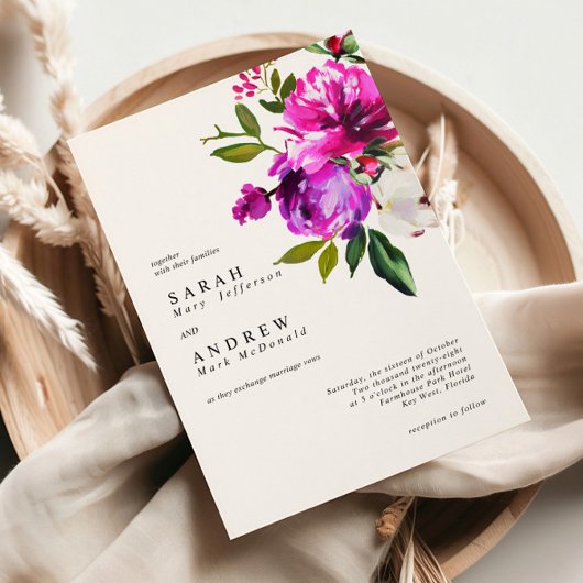 Purple Flowers & Greenery Leaves Modern Wedding Kaart