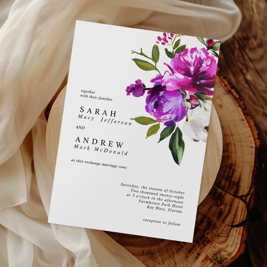 Purple Flowers & Greenery Leaves Modern Wedding Kaart