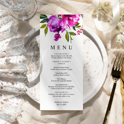 Purple Flowers & Greenery Leves Floral Wedding Menu