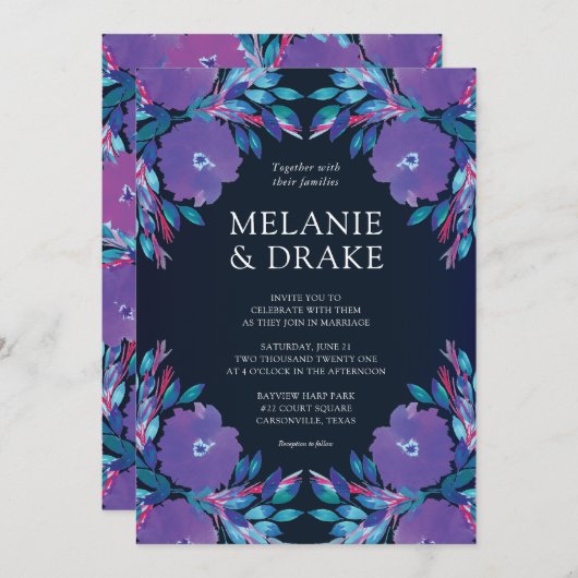 Purple Flowers Handbeschilderd Weddenschap Kaart (Voorkant / Achterkant)