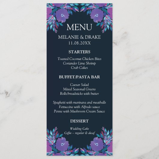 Purple Flowers Handbeschilderde Menu Kaart (Voorkant)