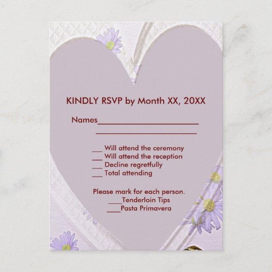 Purple Flowers Heart Weddenschap Dinner RSVP Brief Uitnodiging Briefkaart (Voorkant)