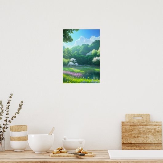 Purple Flowers in Forest Clearing Poster (Keuken)