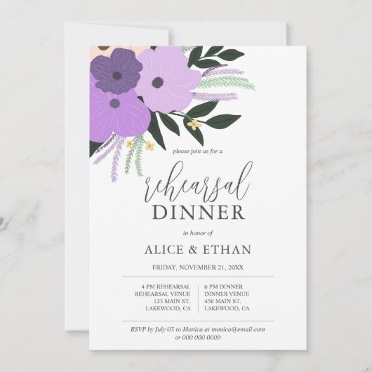 Purple Flowers Leaves Calligraphy Rehearsal Dinner Kaart (Voorkant)