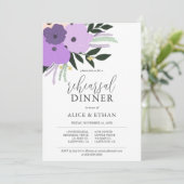 Purple Flowers Leaves Calligraphy Rehearsal Dinner Kaart (Staand voorkant)