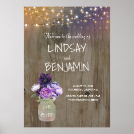 Purple Flowers Mason Jar Rustic Weddenschap Welkom Poster