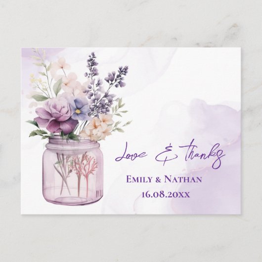 Purple Flowers Mason Jar Wedding Bedankt Briefkaart (Voorkant)